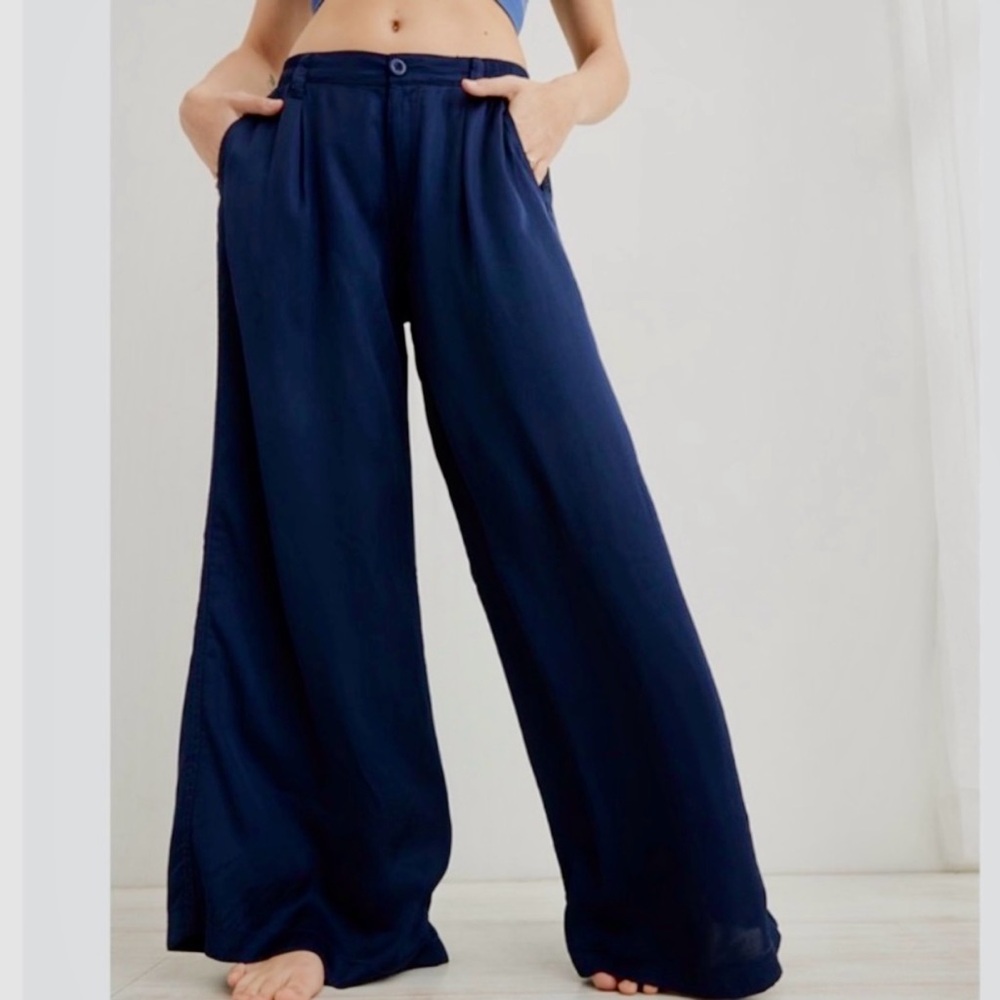 Aerie Blue Wide-Leg Silky Trousers